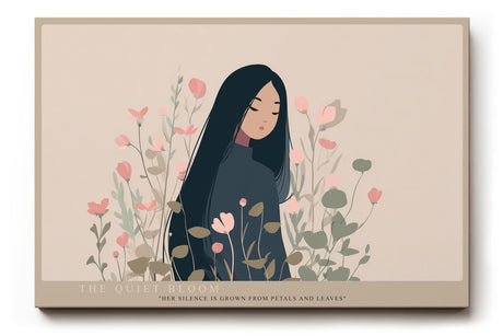 Paul Sinus Wandbild The Quiet Bloom poetisches Porträt einer Frau mit floraler Umgebung in sanften Farben für moderne Räume voller Ruhe und Harmonie