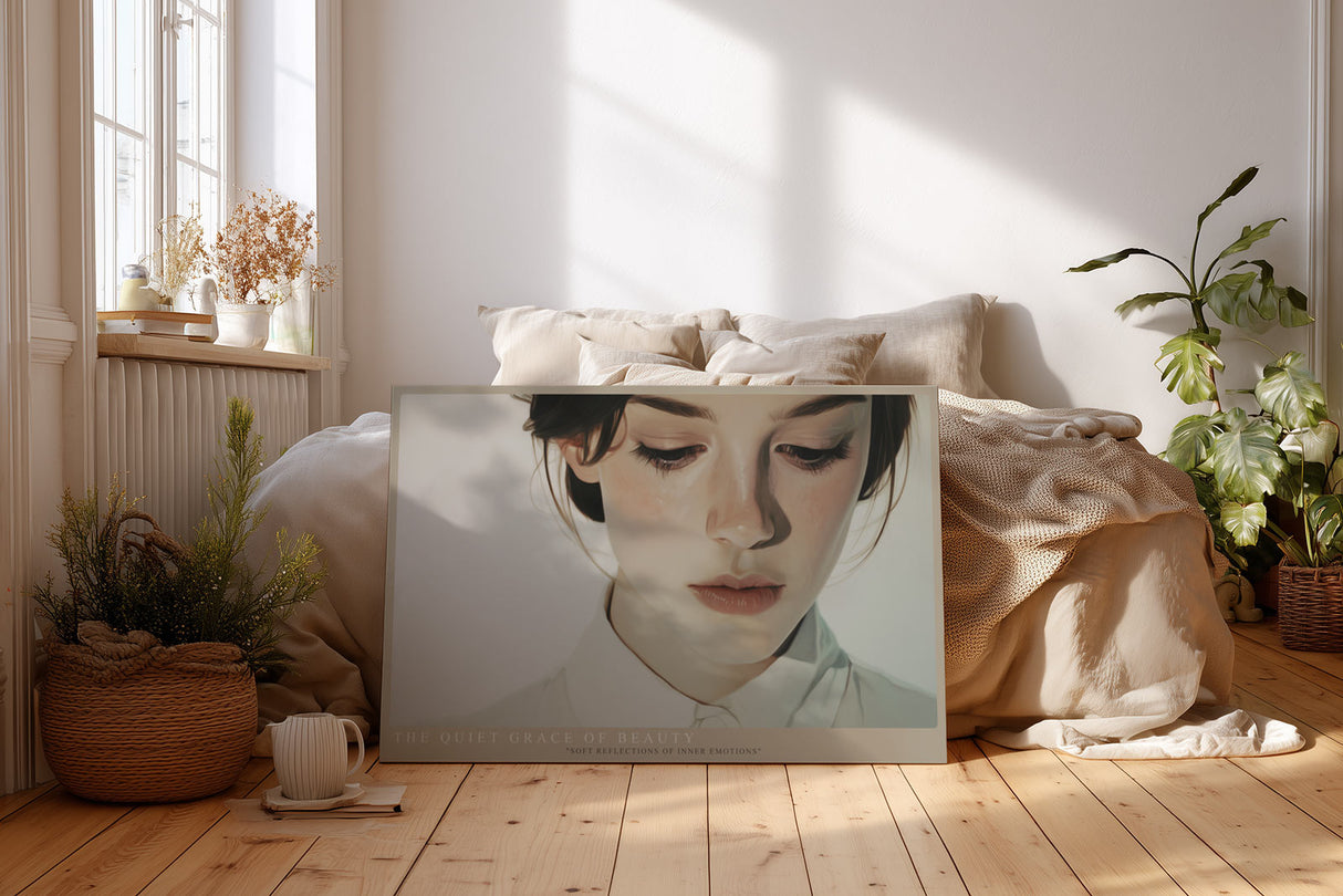 Paul Sinus Wandbild The Quiet Grace of Beauty – Feinsinniges Porträt einer jungen Frau in sanftem Licht – Ausdrucksstarkes Wandbild voller Ruhe und Sensibilität.