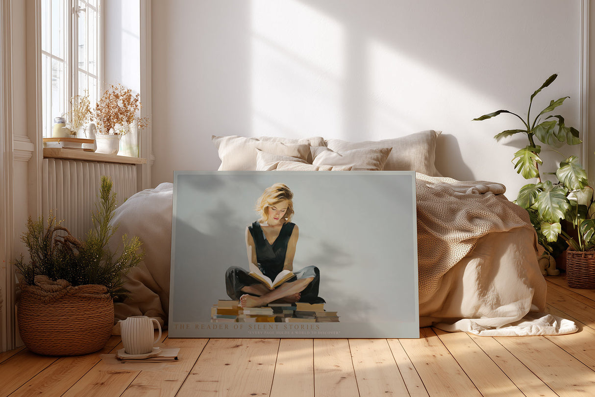 Paul Sinus Wandbild The Reader of Silent Stories – Lesende Frau in sanftem Licht auf neutralem Hintergrund