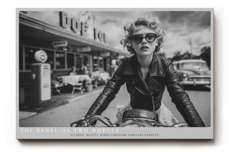 Paul Sinus Wandbild The Rebel on Two Wheels stilvolles Retro-Motorradmotiv mit ikonischer Frau im Lederlook für Liebhaber klassischer Eleganz und Freiheit