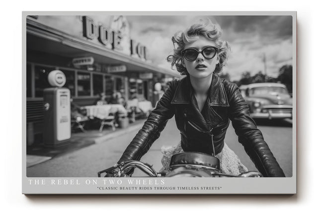 Paul Sinus Wandbild The Rebel on Two Wheels stilvolles Retro-Motorradmotiv mit ikonischer Frau im Lederlook für Liebhaber klassischer Eleganz und Freiheit