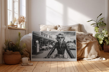 Paul Sinus Wandbild The Rebel on Two Wheels stilvolles Retro-Motorradmotiv mit ikonischer Frau im Lederlook für Liebhaber klassischer Eleganz und Freiheit