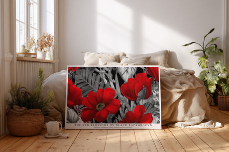 Paul Sinus Wandbild The Red Blossoms on Black Background Bright Flowers Shine Among Silver Leaves