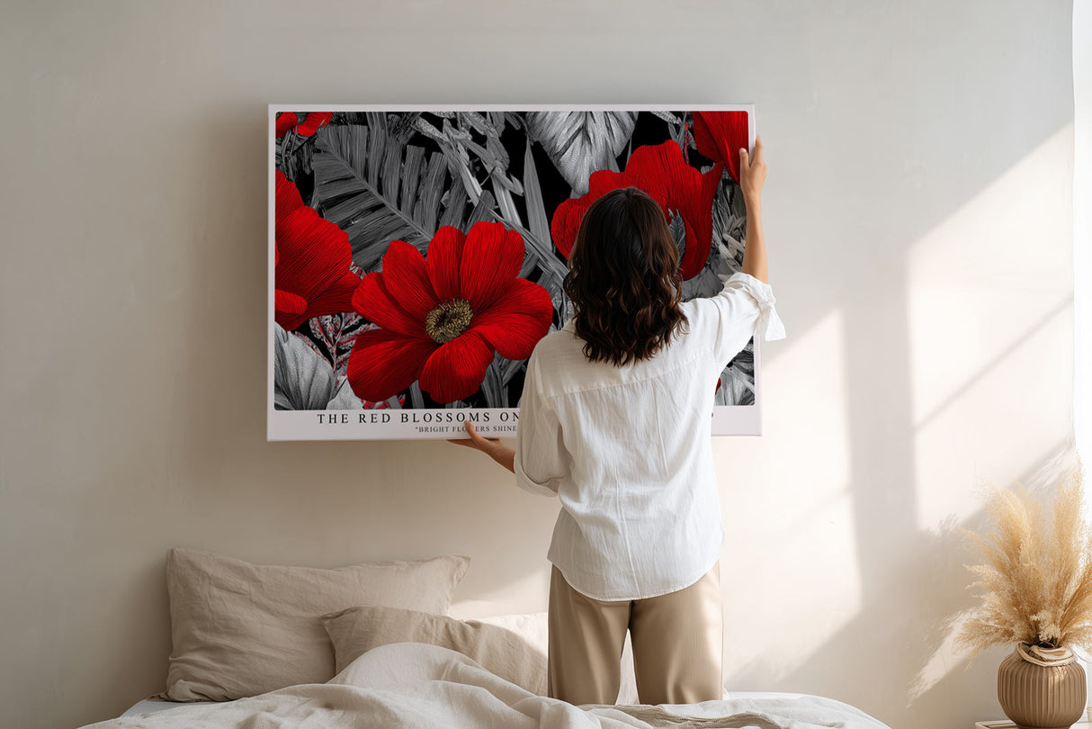 Paul Sinus Wandbild The Red Blossoms on Black Background Bright Flowers Shine Among Silver Leaves