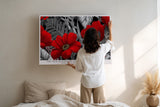 Paul Sinus Wandbild The Red Blossoms on Black Background Bright Flowers Shine Among Silver Leaves