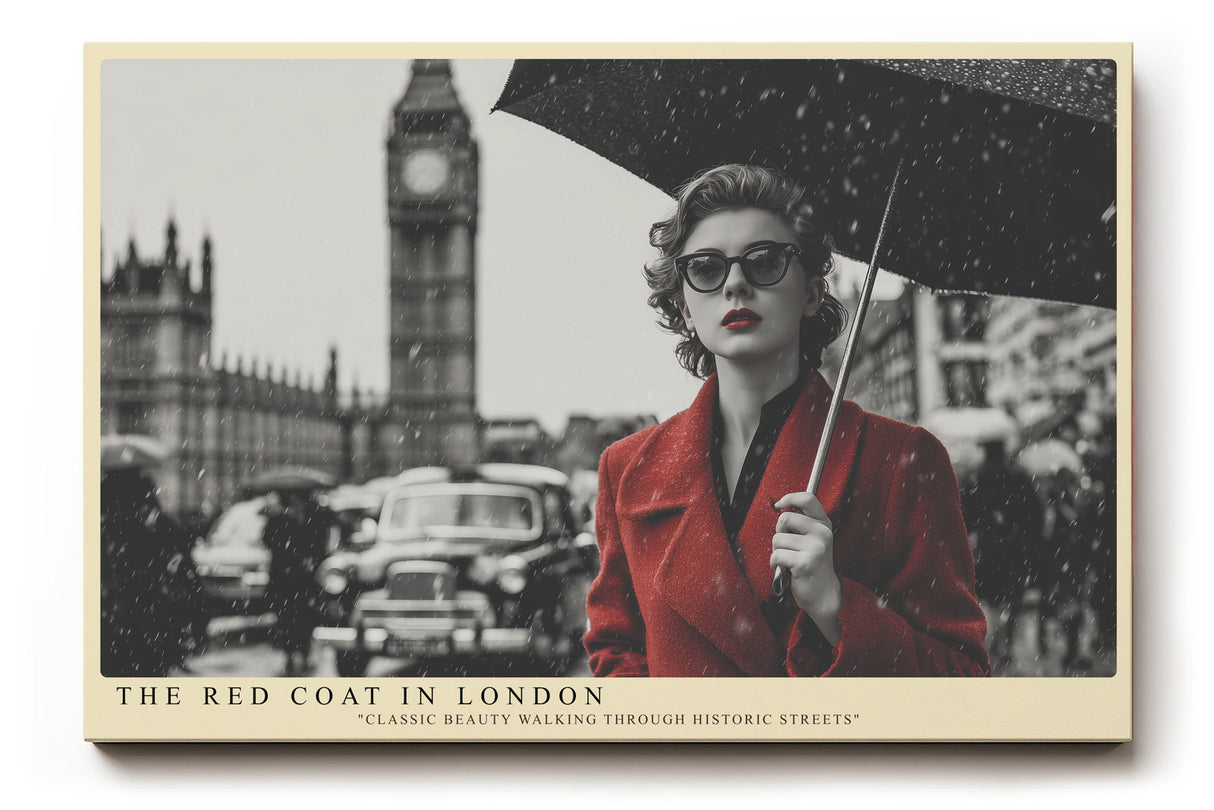 Paul Sinus Wandbild The Red Coat in London Stilvolles Schwarz-Weiß-Motiv mit einer Frau im roten Mantel vor der Kulisse Londons – ein Hauch von Retro-Eleganz.