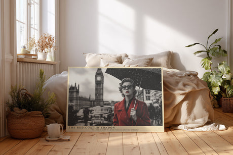 Paul Sinus Wandbild The Red Coat in London Stilvolles Schwarz-Weiß-Motiv mit einer Frau im roten Mantel vor der Kulisse Londons – ein Hauch von Retro-Eleganz.