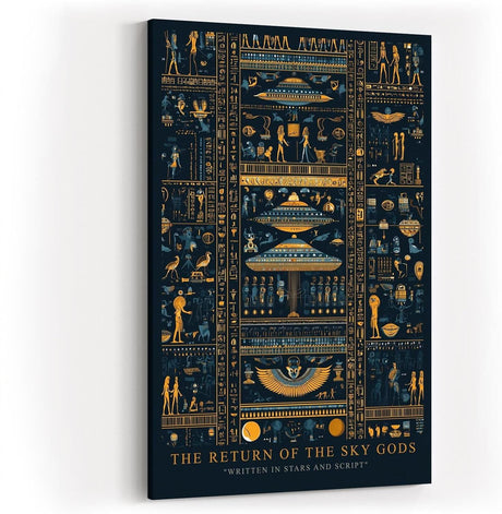 Paul Sinus Wandbild in 40x60cm The Return of the Sky Gods – Goldene und blaue Hieroglyphen mit futuristischen Raumschiffen