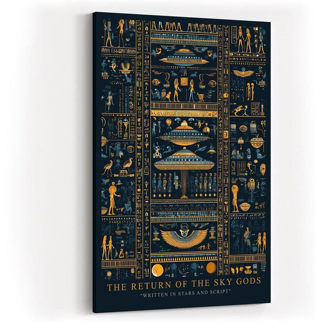 Paul Sinus Wandbild in 40x60cm The Return of the Sky Gods – Goldene und blaue Hieroglyphen mit futuristischen Raumschiffen