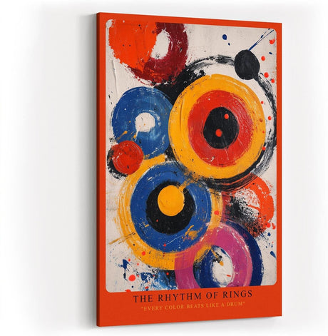Paul Sinus Wandbild in 40x60cm The Rhythm of Rings – Lebendige Komposition aus farbkräftigen Kreisen in Gelb, Rot, Blau, Pink und Schwarz mit dynamischen Pinselspuren