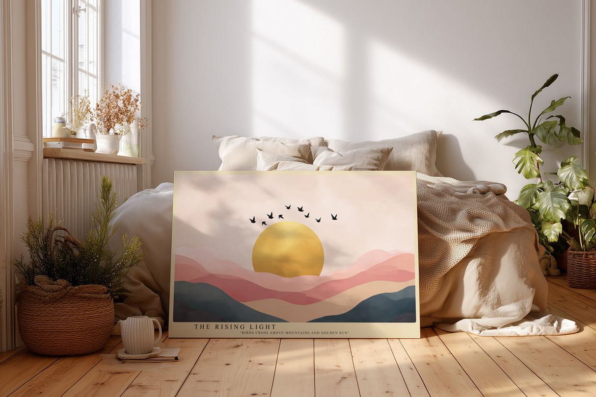 Paul Sinus Wandbild The Rising Light – Sonnenaufgang über pastellfarbenen Bergen, Symbol für Neubeginn und Hoffnung in sanften Tönen
