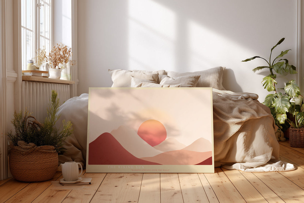 Paul Sinus Wandbild The Rising Sun minimalistisches Landschaftsmotiv mit Sonne und Bergen in warmen Tönen für moderne Räume mit harmonischer Atmosphäre