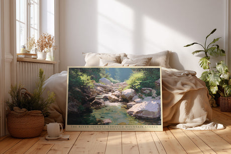 Paul Sinus Wandbild The River Journey Through Mountain Stones Sunlight Touches Water in Peaceful Harmony