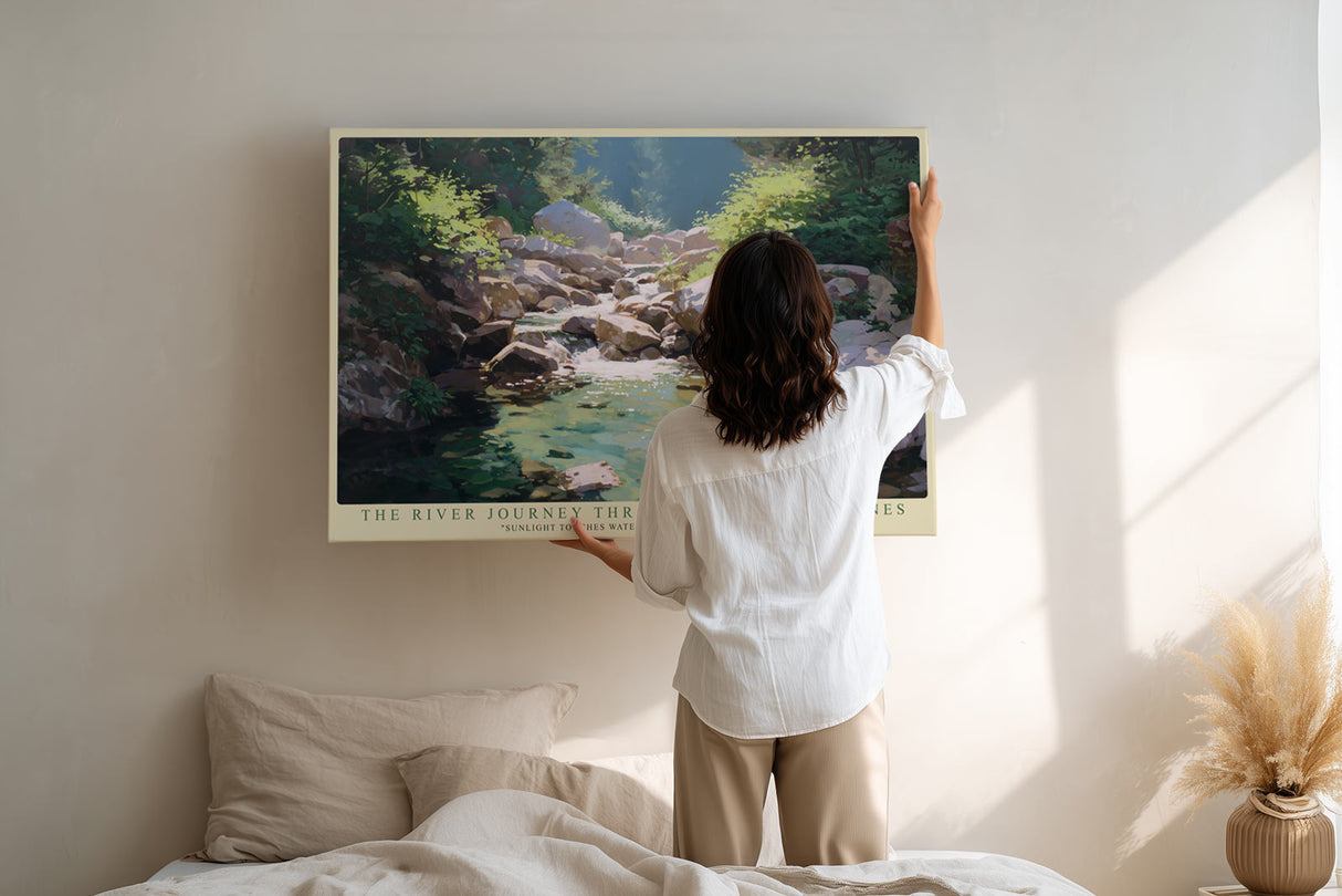 Paul Sinus Wandbild The River Journey Through Mountain Stones Sunlight Touches Water in Peaceful Harmony