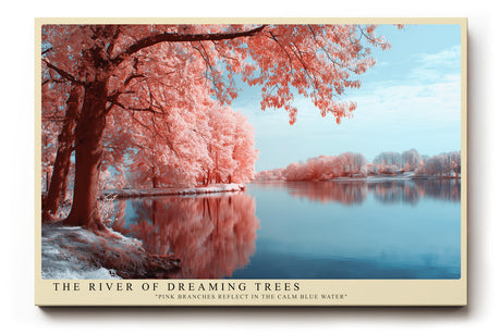 Paul Sinus Wandbild The River of Dreaming Trees verträumtes Landschaftsmotiv mit rosa Bäumen und ruhigem Flusslauf