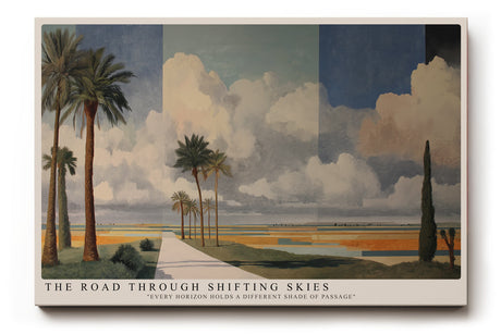 Paul Sinus Wandbild The Road Through Shifting Skies Weitläufige Landschaft mit Palmen und wechselnden Himmeln in einer Komposition aus Licht und Perspektive.