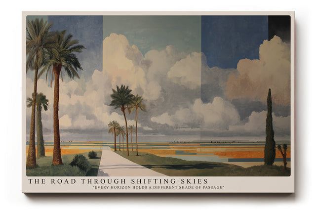 Paul Sinus Wandbild The Road Through Shifting Skies Weitläufige Landschaft mit Palmen und wechselnden Himmeln in einer Komposition aus Licht und Perspektive.