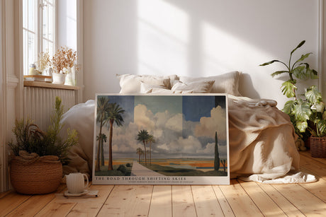 Paul Sinus Wandbild The Road Through Shifting Skies Weitläufige Landschaft mit Palmen und wechselnden Himmeln in einer Komposition aus Licht und Perspektive.