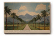 Paul Sinus Wandbild The Road to the Mountains Stilisiertes Landschaftsmotiv mit Palmenallee und majestätischen Bergen im Hintergrund unter einem klaren Himmel.