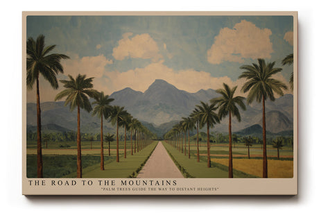 Paul Sinus Wandbild The Road to the Mountains Stilisiertes Landschaftsmotiv mit Palmenallee und majestätischen Bergen im Hintergrund unter einem klaren Himmel.