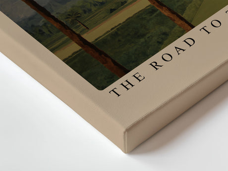 Paul Sinus Wandbild The Road to the Mountains Stilisiertes Landschaftsmotiv mit Palmenallee und majestätischen Bergen im Hintergrund unter einem klaren Himmel.