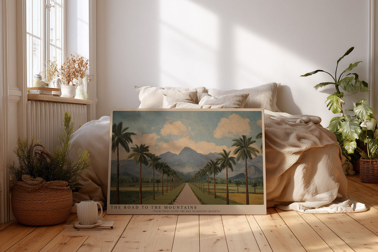 Paul Sinus Wandbild The Road to the Mountains Stilisiertes Landschaftsmotiv mit Palmenallee und majestätischen Bergen im Hintergrund unter einem klaren Himmel.