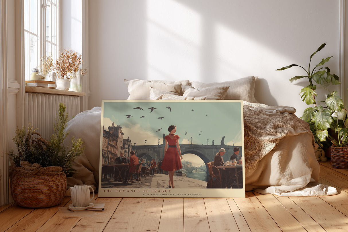 Paul Sinus Wandbild The Romance of Prague – Frau im roten Kleid auf der Karlsbrücke symbolisiert Liebe, Zeitlosigkeit und europäische Eleganz