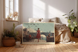Paul Sinus Wandbild The Romance of Prague – Frau im roten Kleid auf der Karlsbrücke symbolisiert Liebe, Zeitlosigkeit und europäische Eleganz