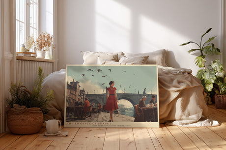 Paul Sinus Wandbild The Romance of Prague – Frau im roten Kleid auf der Karlsbrücke symbolisiert Liebe, Zeitlosigkeit und europäische Eleganz