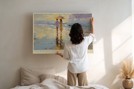 Paul Sinus Wandbild The Romance of Sunset – Paar unter Sonnenschirm am Strand in impressionistischem Stil symbolisiert Liebe und Harmonie