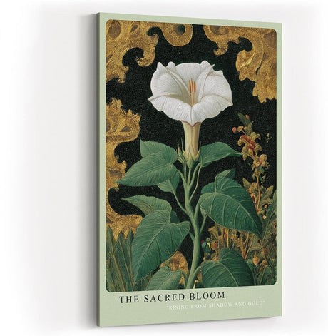 Paul Sinus Wandbild in 40x60cm The Sacred Bloom Botanische Darstellung einer weißen Blüte mit grünen Blättern vor golden verziertem Hintergrund