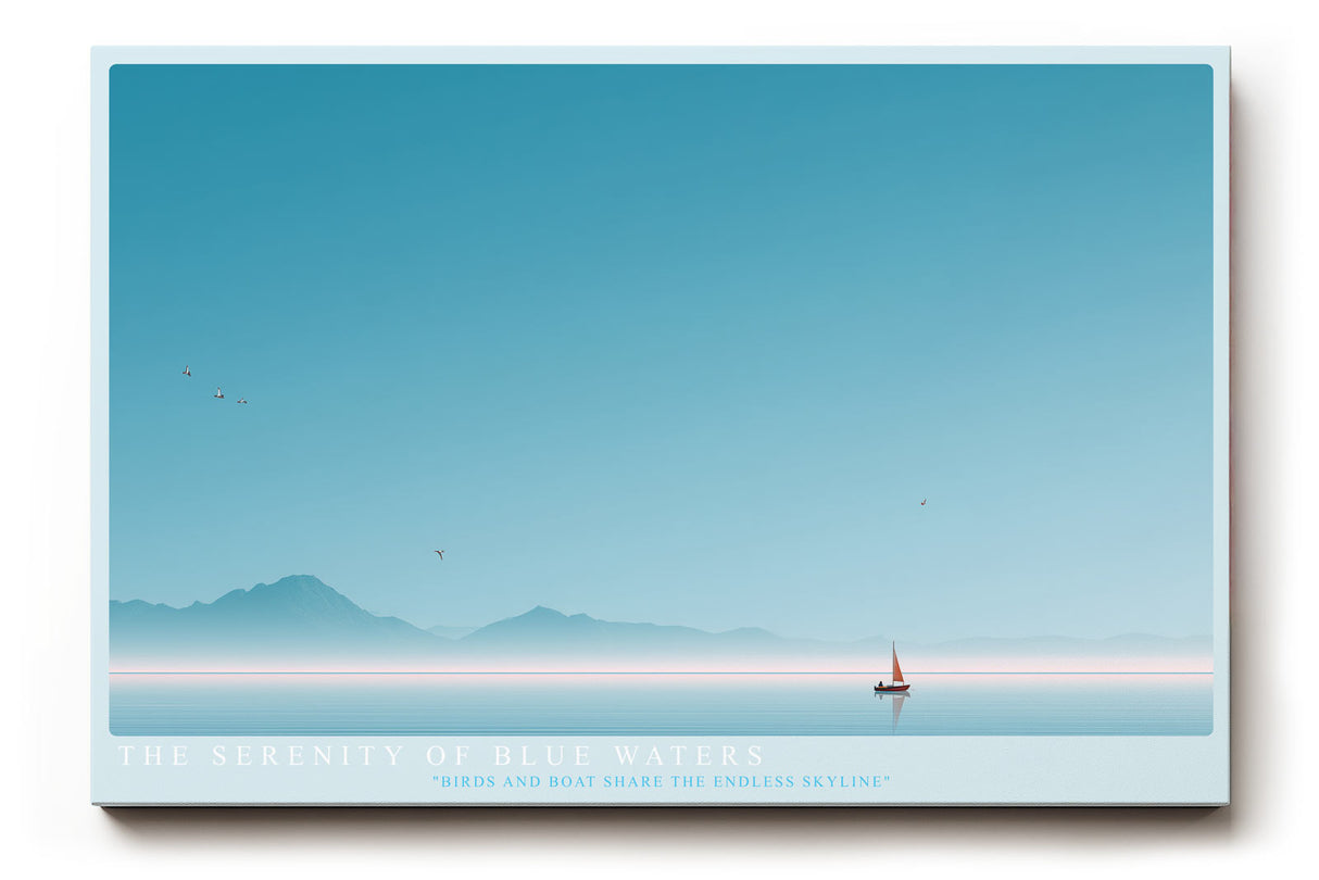 Paul Sinus Wandbild The Serenity of Blue Waters – Minimalistische Seelandschaft mit Boot und Vögeln unter klarem Himmel, Symbol für Freiheit und innere Balance