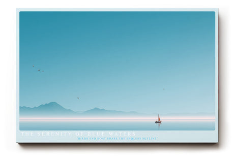 Paul Sinus Wandbild The Serenity of Blue Waters – Minimalistische Seelandschaft mit Boot und Vögeln unter klarem Himmel, Symbol für Freiheit und innere Balance