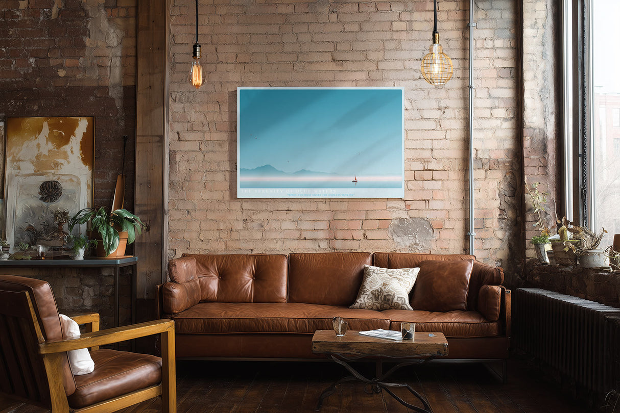Paul Sinus Wandbild The Serenity of Blue Waters – Minimalistische Seelandschaft mit Boot und Vögeln unter klarem Himmel, Symbol für Freiheit und innere Balance
