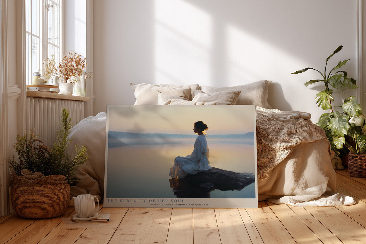 Paul Sinus Wandbild The Serenity of Her Soul meditative Frauenfigur am See in sanftem Morgenlicht für ruhige und harmonische Wohnräume