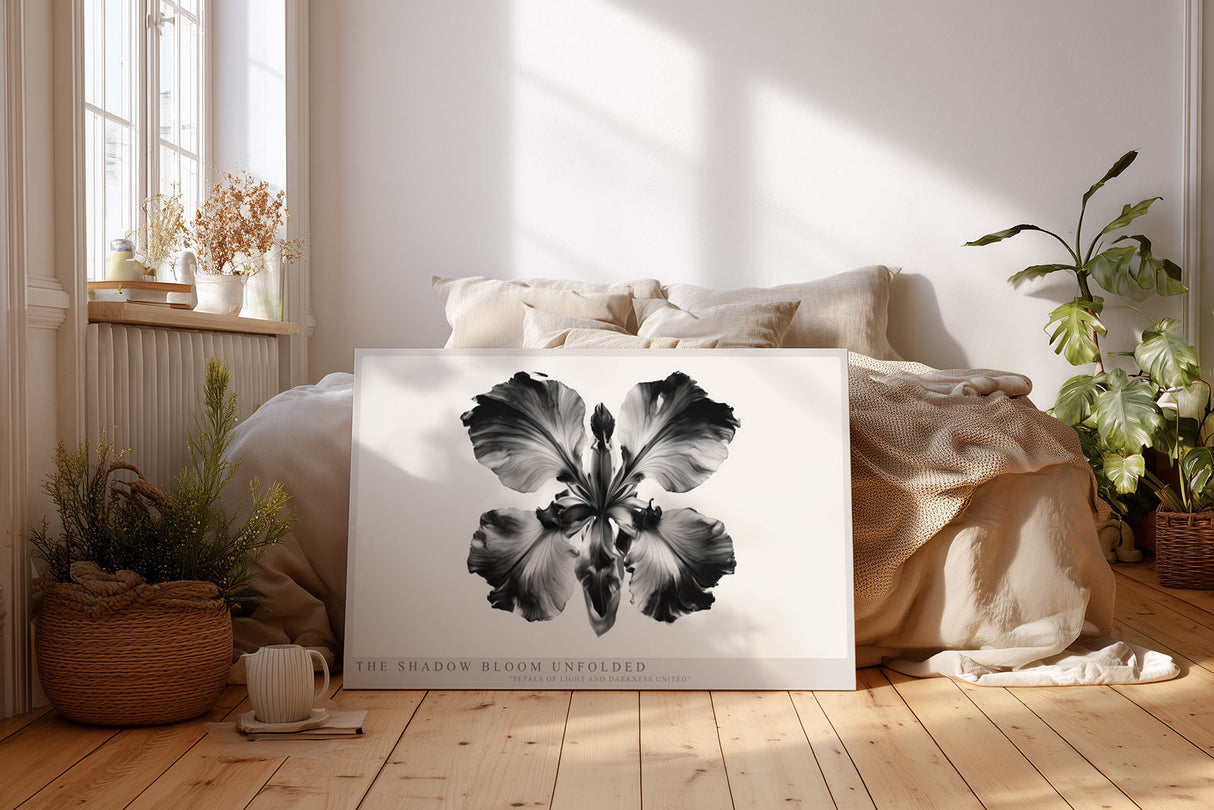 Paul Sinus Wandbild The Shadow Bloom Unfolded abstraktes florales Kunstwerk in Schwarz Weiß mit kraftvoller Symbolik zwischen Licht und Schatten