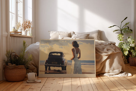 Paul Sinus Wandbild The Silence Before the Road – Romantische Szene am Strand mit Frau in weißem Kleid und Oldtimer, Symbol für Aufbruch, Erinnerung und Sehnsucht