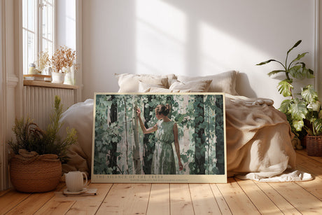 Paul Sinus Wandbild The Silence of the Trees – Frau im grünen Kleid zwischen Birken symbolisiert Ruhe, Verbundenheit und Naturharmonie