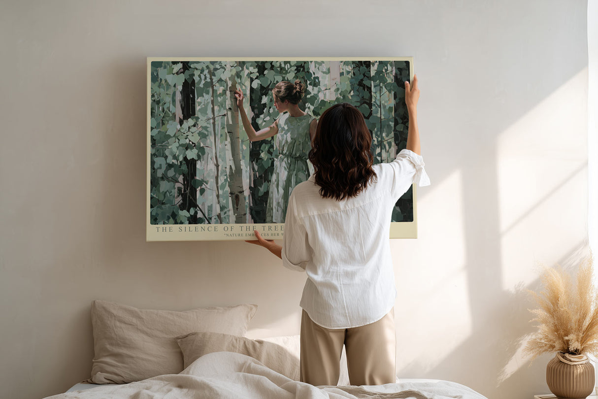 Paul Sinus Wandbild The Silence of the Trees – Frau im grünen Kleid zwischen Birken symbolisiert Ruhe, Verbundenheit und Naturharmonie