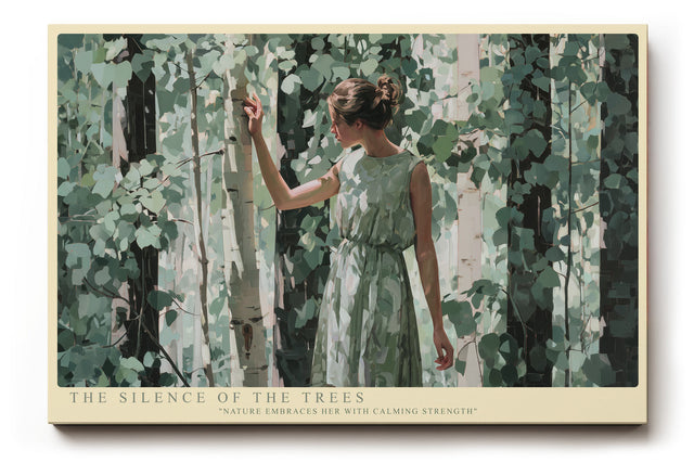 Paul Sinus Wandbild The Silence of the Trees – Frau im grünen Kleid zwischen Birken symbolisiert Ruhe, Verbundenheit und Naturharmonie