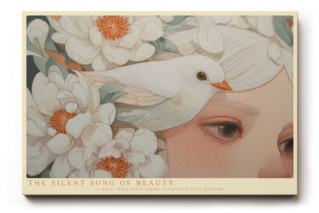 Paul Sinus Wandbild The Silent Song of Beauty – Weißer Vogel zwischen Blüten und Gesicht