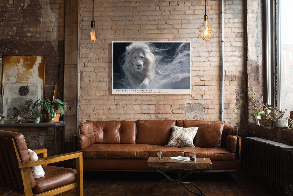 Paul Sinus Wandbild The Silent Strength of Light White Lion Emerging from Mists of Power