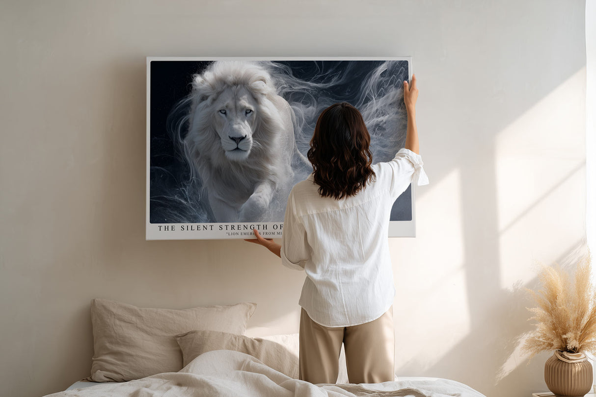 Paul Sinus Wandbild The Silent Strength of Light White Lion Emerging from Mists of Power