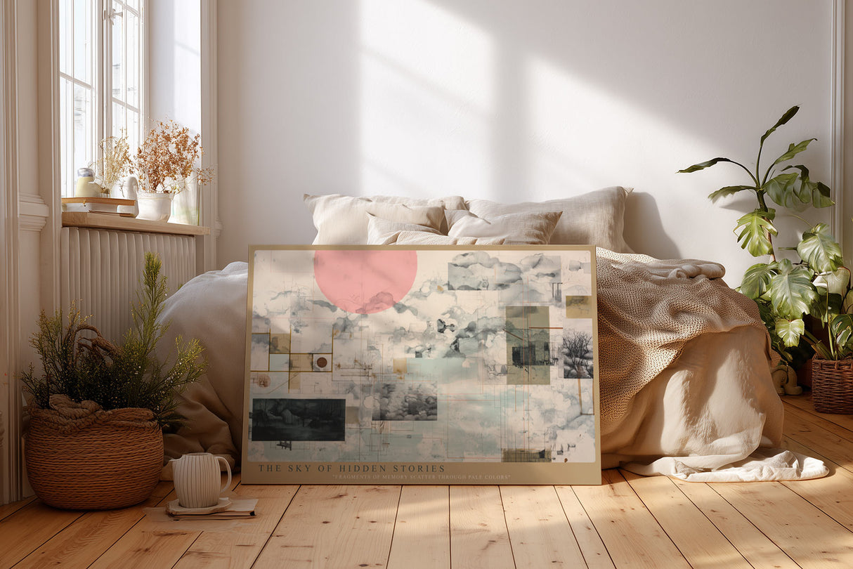 Paul Sinus Wandbild The Sky of Hidden Stories abstrakte Collage mit Linien, Wolken und geometrischen Strukturen
