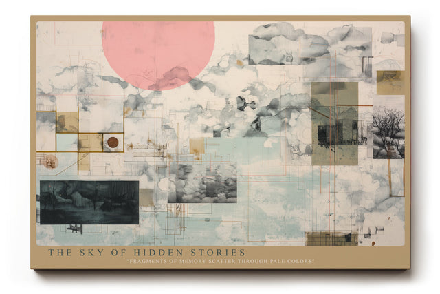 Paul Sinus Wandbild The Sky of Hidden Stories abstrakte Collage mit Linien, Wolken und geometrischen Strukturen