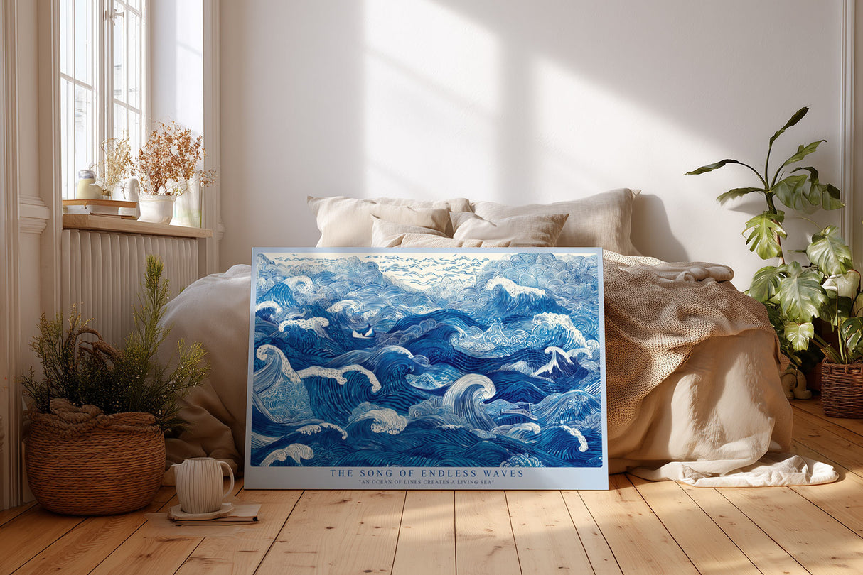 Paul Sinus Wandbild The Song of Endless Waves dynamisches Meeresmotiv mit blauen Linien und Wellenbewegung