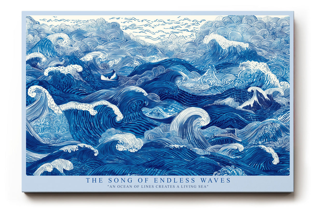 Paul Sinus Wandbild The Song of Endless Waves dynamisches Meeresmotiv mit blauen Linien und Wellenbewegung