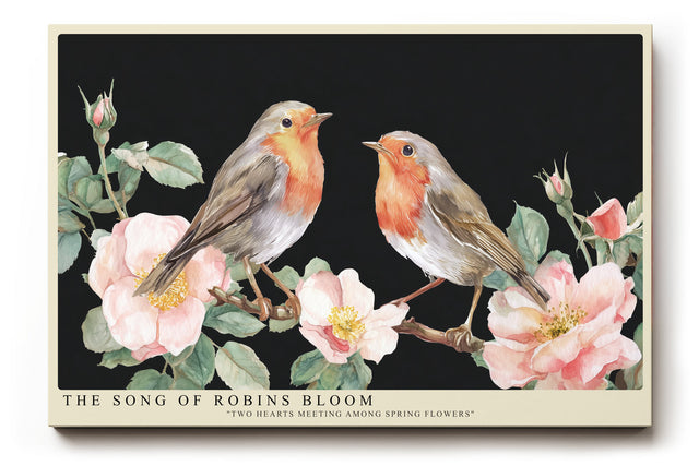 Paul Sinus Wandbild The Song of Robins Bloom – Zarte Darstellung zweier Rotkehlchen auf blühenden Zweigen – Romantisches Wandbild voller Leichtigkeit und Harmonie.