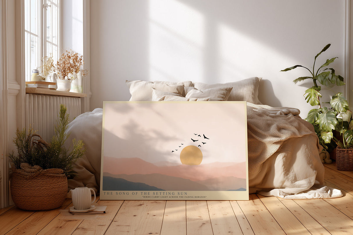 Paul Sinus Wandbild The Song of the Setting Sun – Minimalistische Landschaft mit Sonne und fliegenden Vögeln, Symbol für Frieden, Freiheit und Vergänglichkeit