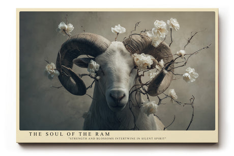 Paul Sinus Wandbild The Soul of the Ram – Ausdrucksstarkes Widderporträt mit floralen Elementen, Symbol für Stärke und Sanftmut in Einklang